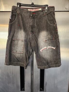 Paco Jeans Mens Baggy Denim Shorts 34 Y2K Gray Faded Wash Embroidered Logo Jorts